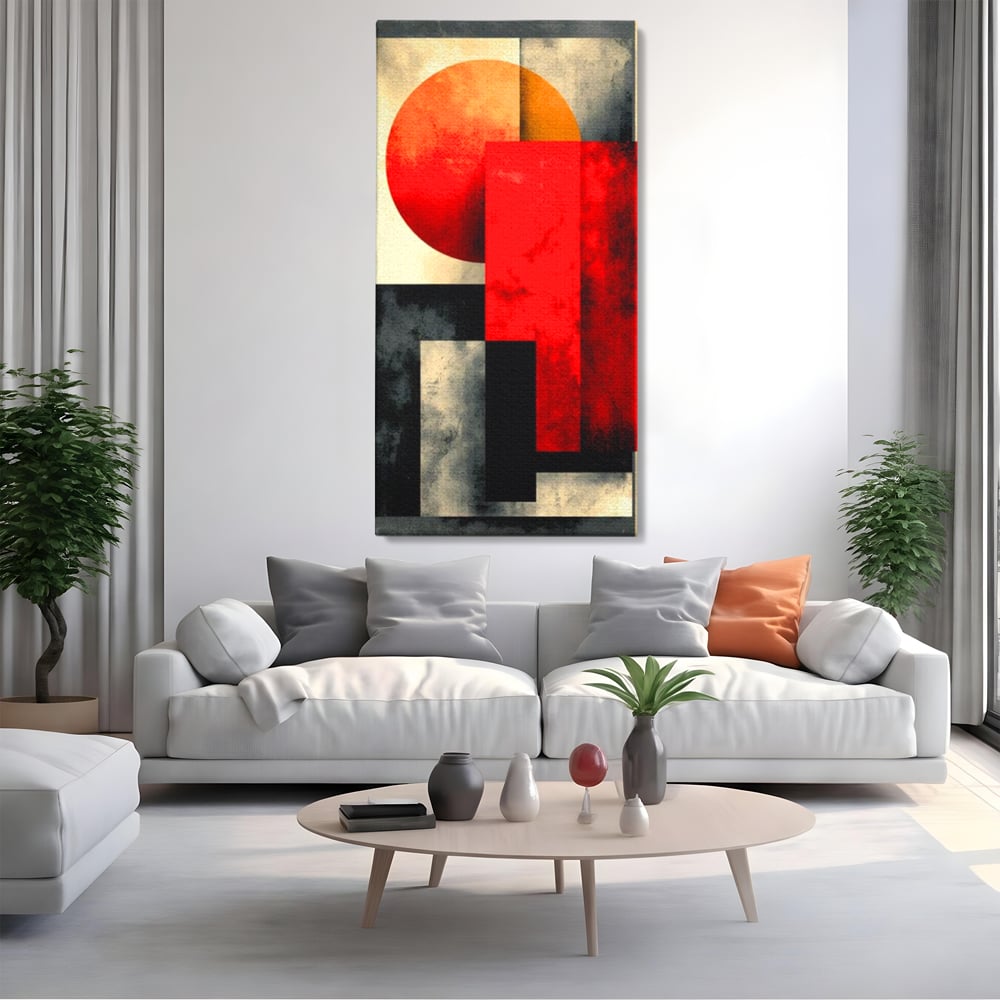 Tablou canvas cu tablou abstract geometric cu soare rosu, fara rama, pe sasiu de lemn, pe perete intr-un living
